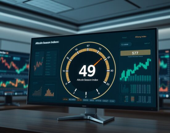 Data dashboard showing the Altcoin Season Index at a neutral score of 49, indicating balanced market conditions.