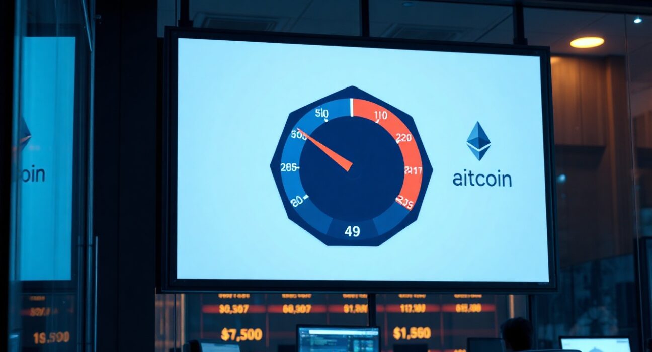 A digital display showing the Altcoin Season Index gauge at 49 in a trading office.