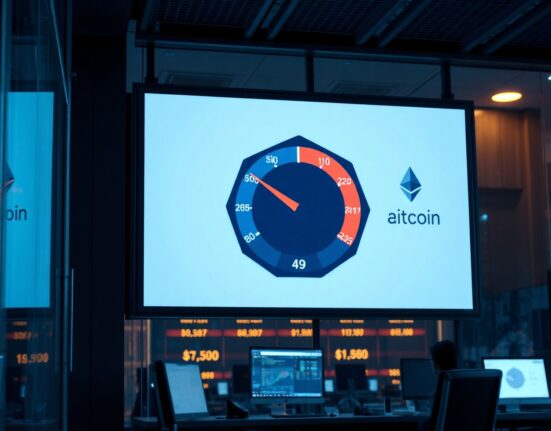 A digital display showing the Altcoin Season Index gauge at 49 in a trading office.