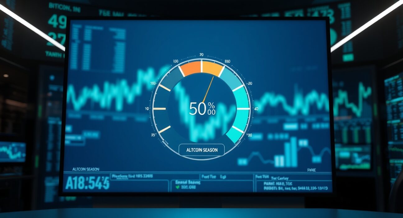 Altcoin Season Index gauge at 50 on a digital display in a trading office
