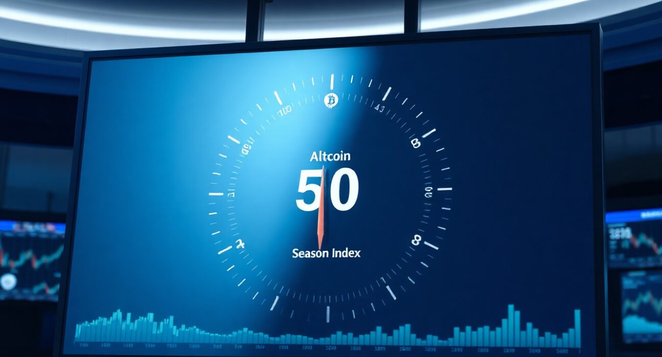 A digital gauge showing the Altcoin Season Index at 50, indicating a neutral market between Bitcoin and altcoin seasons.
