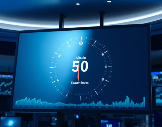 A digital gauge showing the Altcoin Season Index at 50, indicating a neutral market between Bitcoin and altcoin seasons.