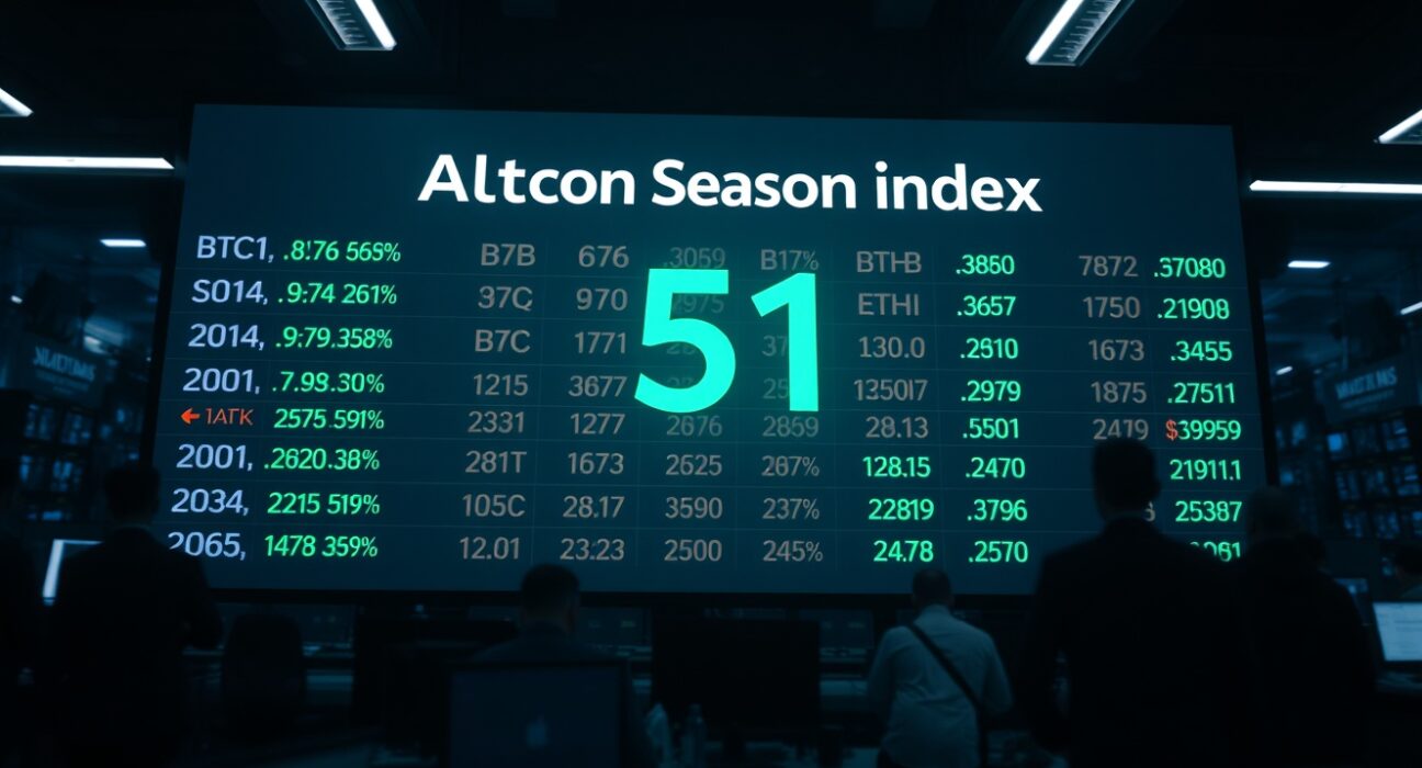 Digital display showing CoinMarketCap Altcoin Season Index at 51 with crypto tickers