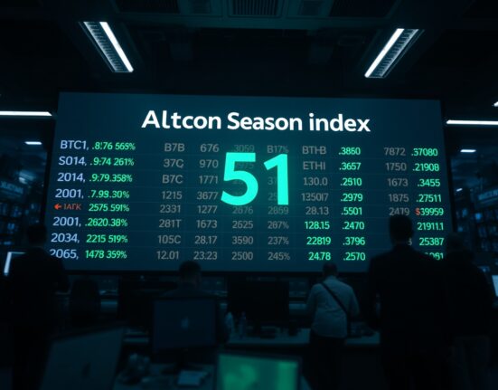 Digital display showing CoinMarketCap Altcoin Season Index at 51 with crypto tickers