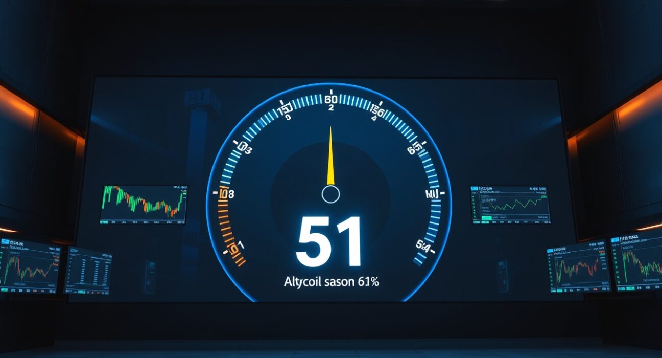 Altcoin Season Index gauge reading 51 on a digital display in a professional trading environment