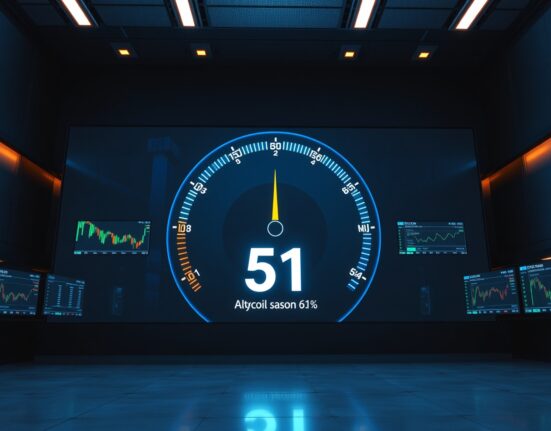 Altcoin Season Index gauge reading 51 on a digital display in a professional trading environment