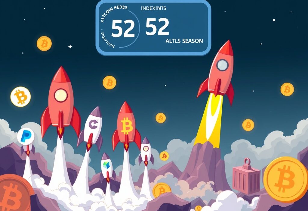 A cartoon illustration of an Altcoin Season Index meter at 52, with altcoin rockets ascending, symbolizing current market conditions.