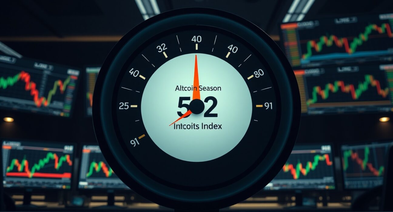 Digital gauge showing Altcoin Season Index at 52 in a professional trading environment