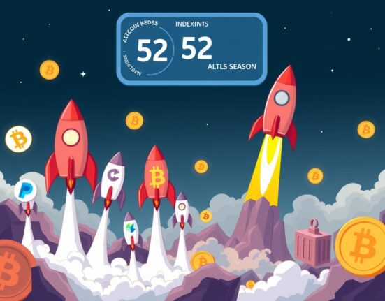 A cartoon illustration of an Altcoin Season Index meter at 52, with altcoin rockets ascending, symbolizing current market conditions.