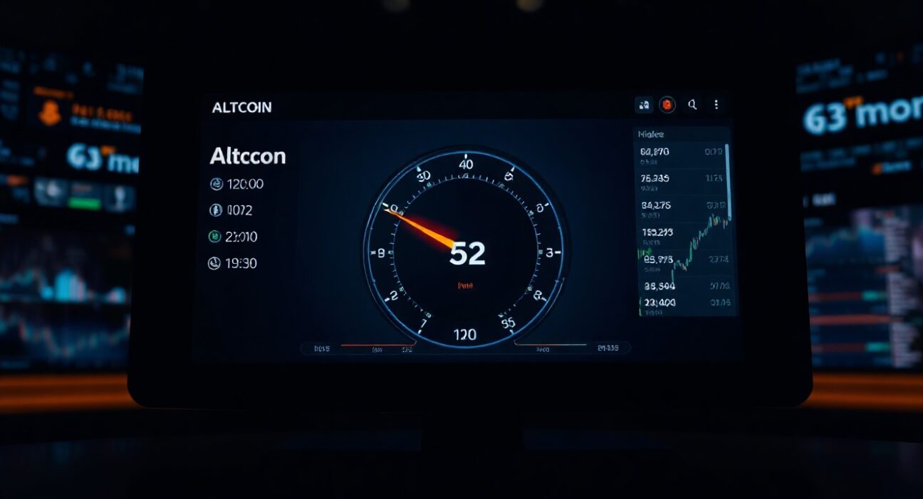 Digital dashboard showing Altcoin Season Index gauge at 52 in a dimly lit trading environment
