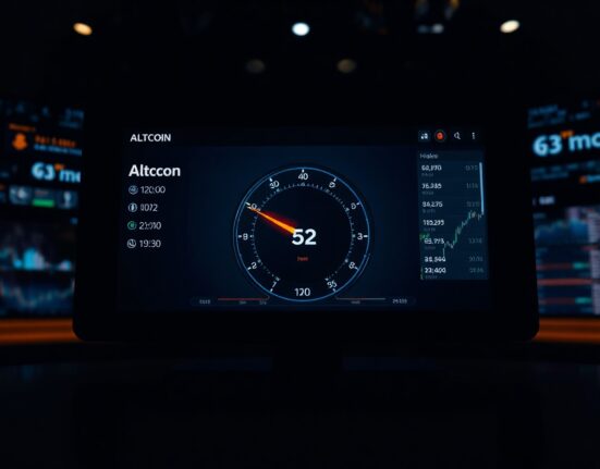 Digital dashboard showing Altcoin Season Index gauge at 52 in a dimly lit trading environment