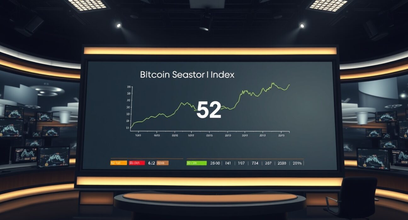 Digital display showing Altcoin Season Index at 52 in a news studio