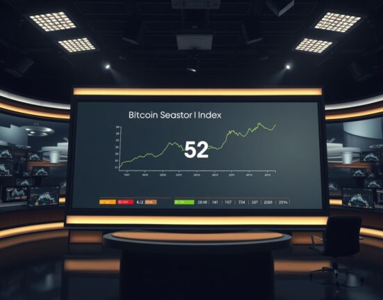 Digital display showing Altcoin Season Index at 52 in a news studio