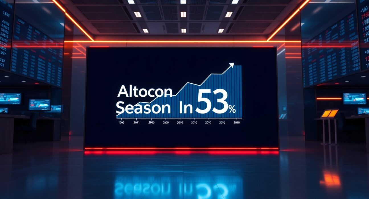 Digital display showing Altcoin Season Index at 53 in a modern trading environment