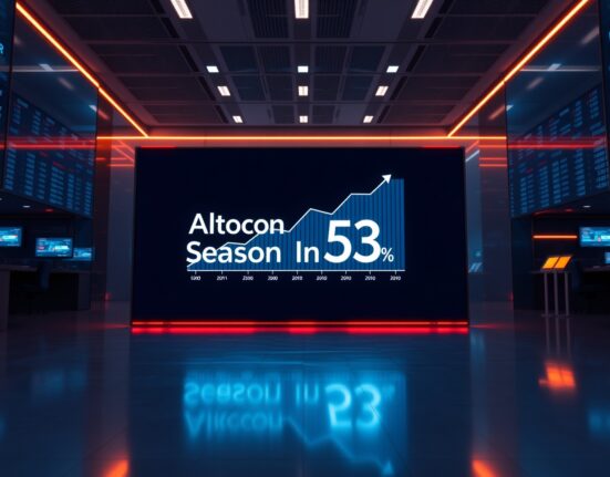 Digital display showing Altcoin Season Index at 53 in a modern trading environment
