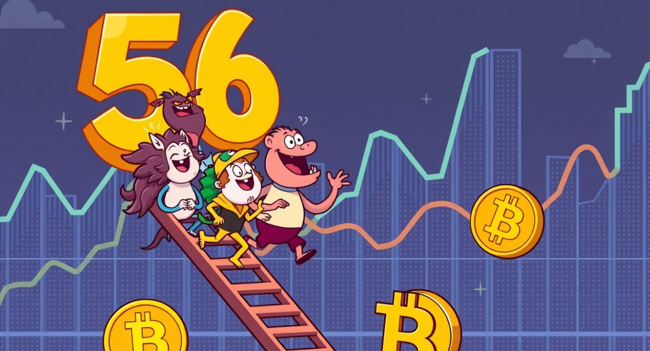 Cartoon altcoin characters climbing a chart, illustrating the rising Altcoin Season Index to 56 and potential market shifts.