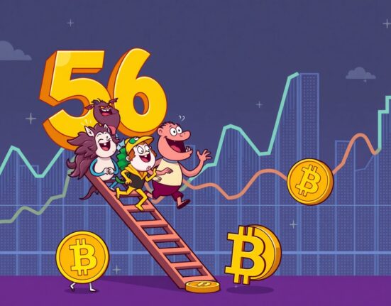 Cartoon altcoin characters climbing a chart, illustrating the rising Altcoin Season Index to 56 and potential market shifts.