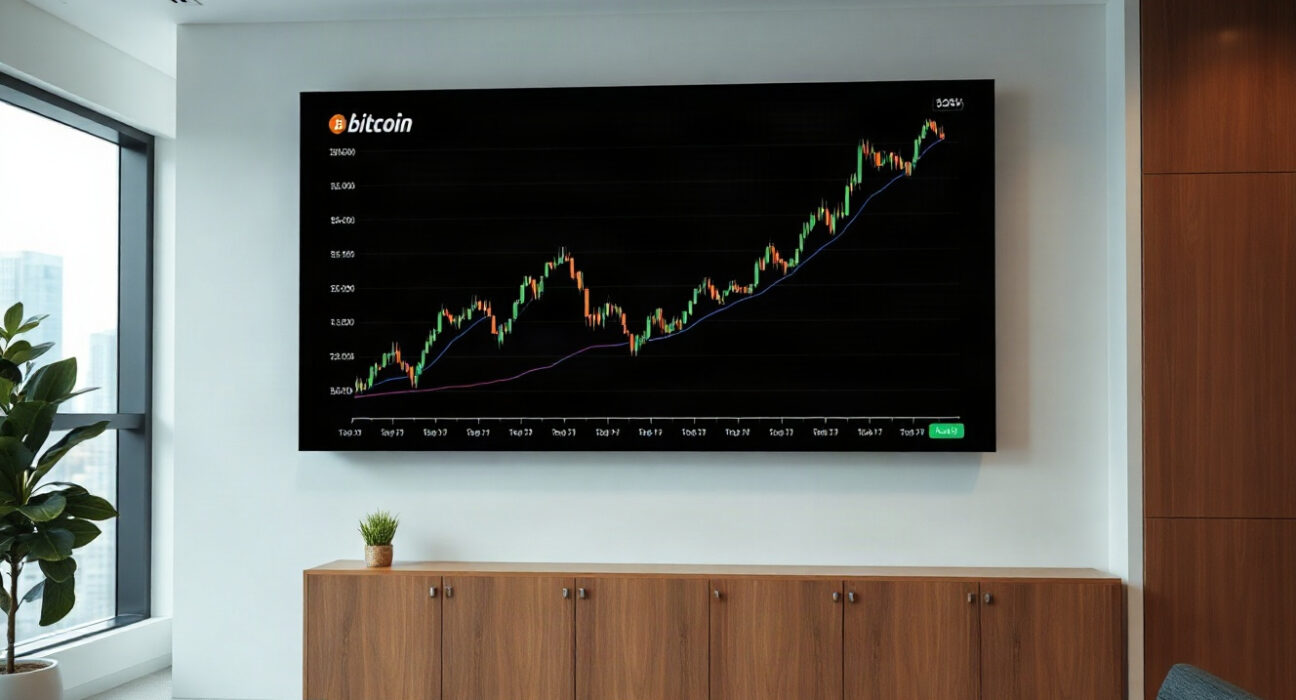 Digital display showing cryptocurrency market index with upward trend lines