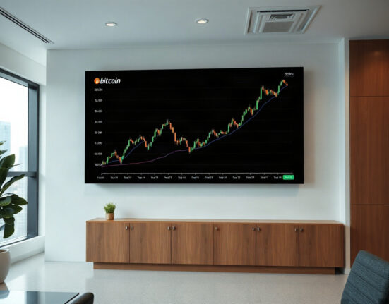 Digital display showing cryptocurrency market index with upward trend lines