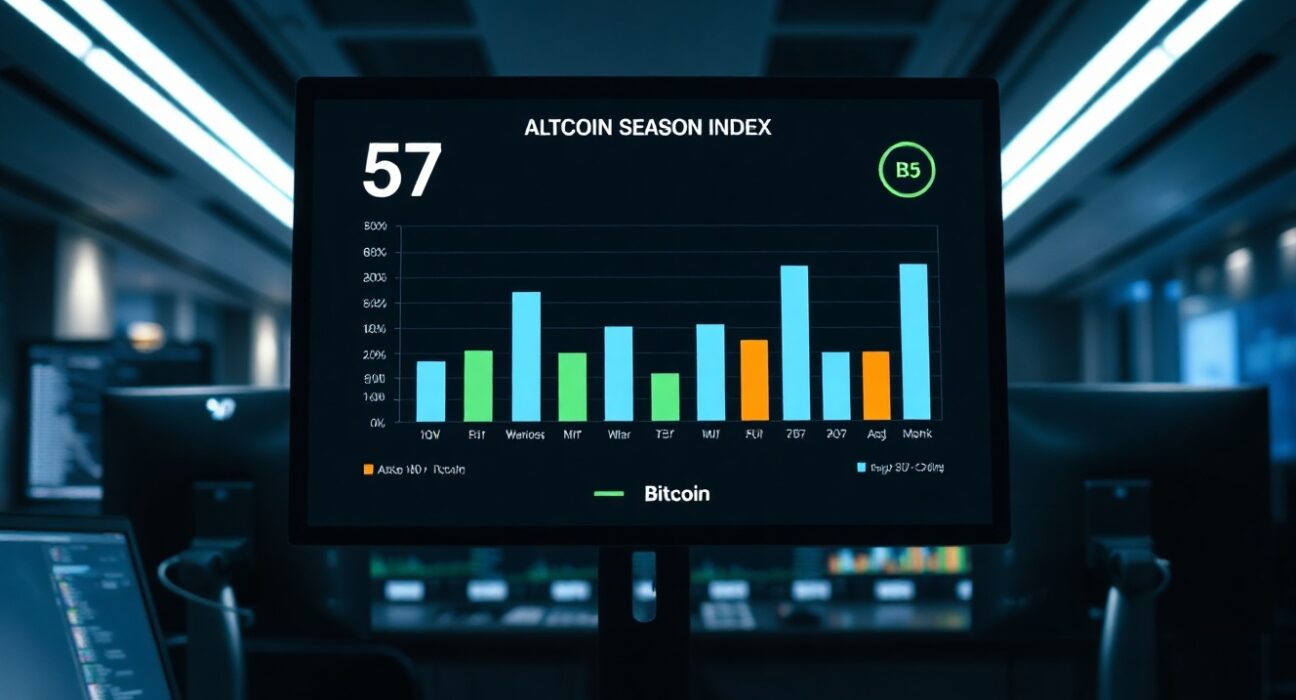 Altcoin Season Index dashboard displaying a score of 57, indicating neutral market sentiment between Bitcoin and altcoins.