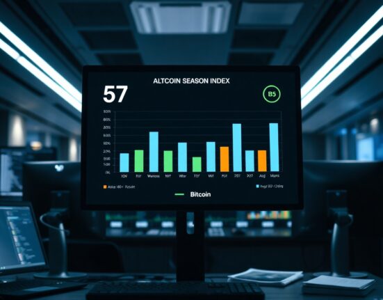 Altcoin Season Index dashboard displaying a score of 57, indicating neutral market sentiment between Bitcoin and altcoins.