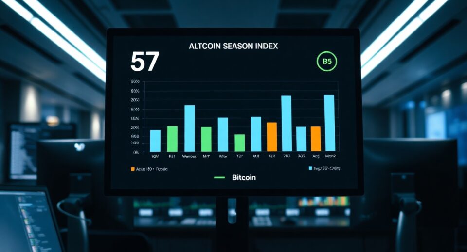 Altcoin Season Index dashboard displaying a score of 57, indicating neutral market sentiment between Bitcoin and altcoins.