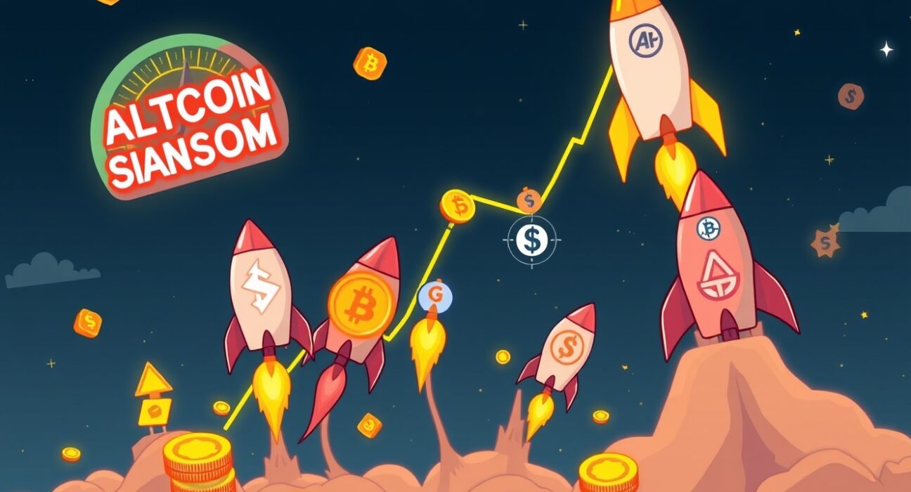 A vibrant cartoon illustration depicting the Altcoin Season in full swing, with various altcoins rising dramatically, symbolizing growth and opportunity.