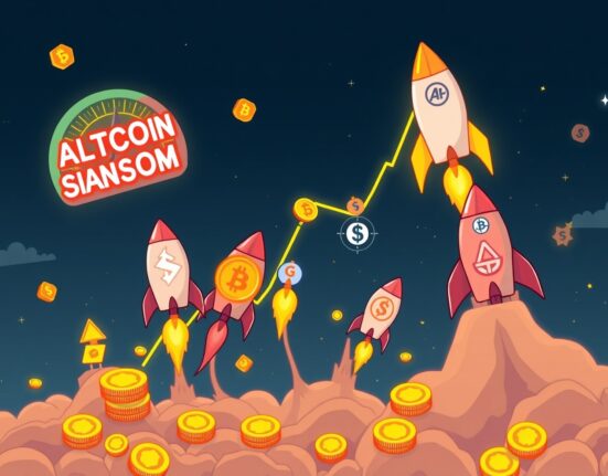 A vibrant cartoon illustration depicting the Altcoin Season in full swing, with various altcoins rising dramatically, symbolizing growth and opportunity.
