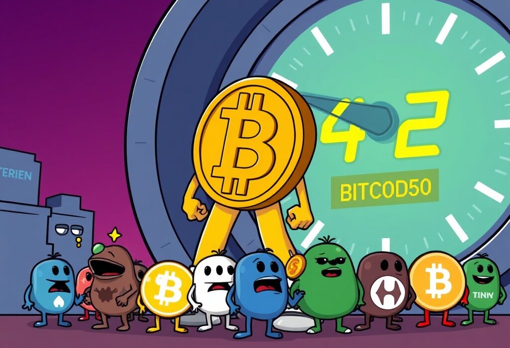 A cartoon illustration symbolizing the current Altcoin Season Index showing Bitcoin's dominance over altcoins in the crypto market.