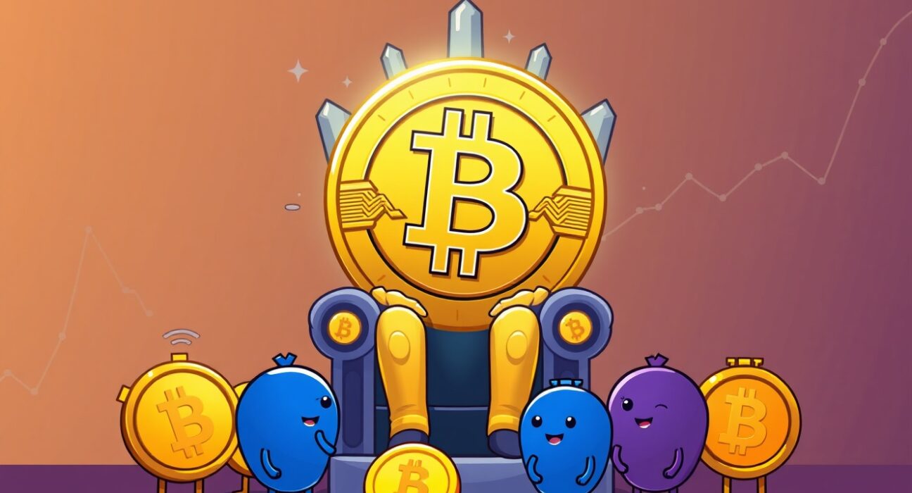 A cartoon illustration of Bitcoin dominance over altcoins, as shown by the low Altcoin Season Index.