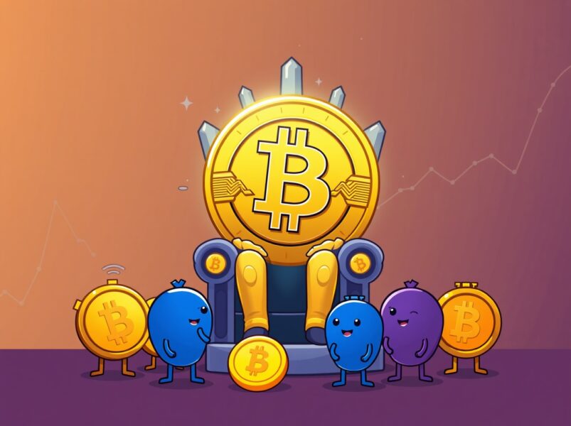 A vibrant cartoon illustrating Bitcoin's dominance over altcoins, as shown by the Altcoin Season Index.