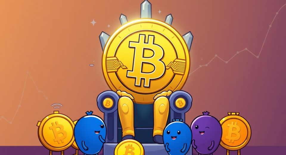 A cartoon illustration of Bitcoin dominance over altcoins, as shown by the low Altcoin Season Index.