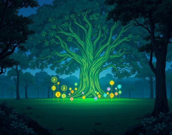 Visual metaphor of the Altcoin Season Index showing Bitcoin's dominance over smaller altcoins in the cryptocurrency market.