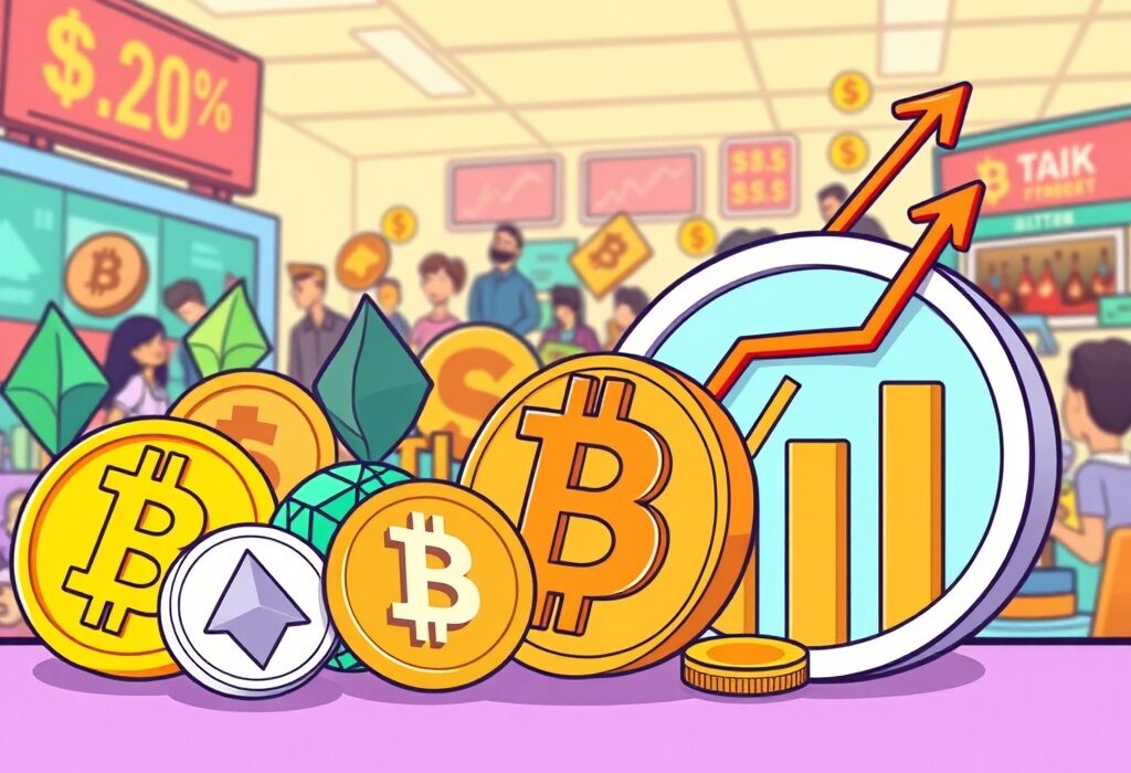 A vibrant cartoon illustration showing altcoins rising above Bitcoin on a market index, symbolizing the increasing Altcoin Season Index.