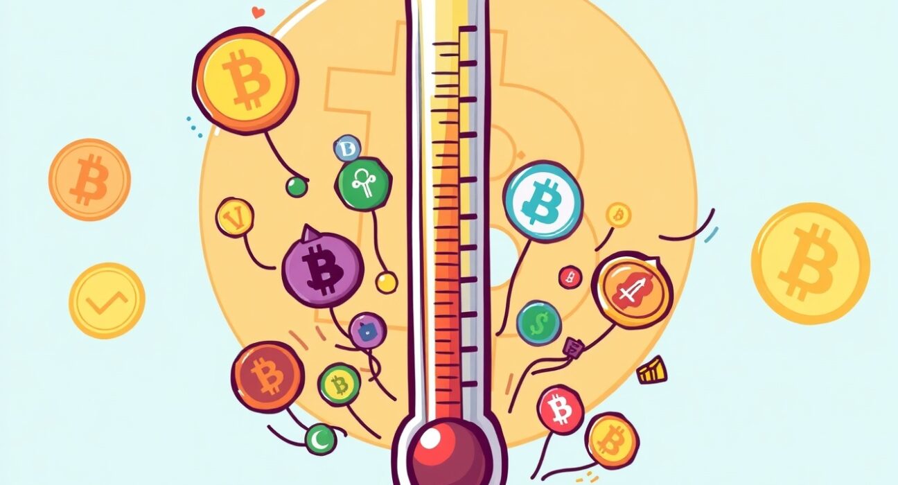 Altcoin Season Index thermometer showing rising altcoin performance against Bitcoin in a vibrant cartoon style