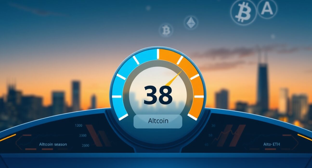 Altcoin Season Index gauge at 38 on a digital dashboard, indicating a potential shift toward altcoin season.