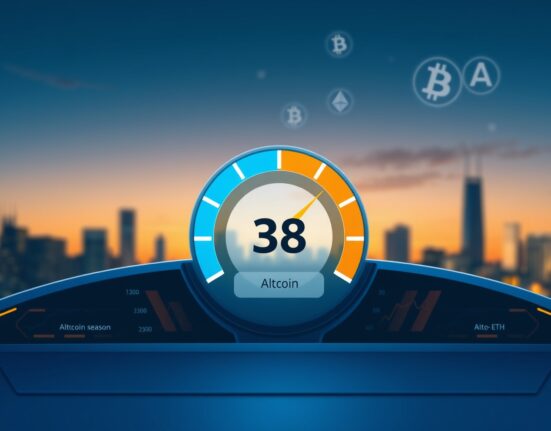 Altcoin Season Index gauge at 38 on a digital dashboard, indicating a potential shift toward altcoin season.