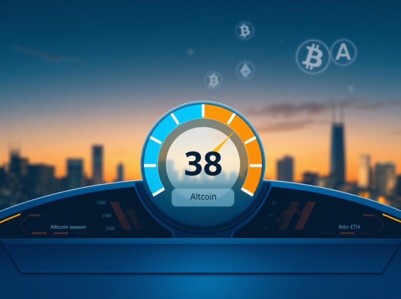 Altcoin Season Index gauge at 38 on a digital dashboard, indicating a potential shift toward altcoin season.