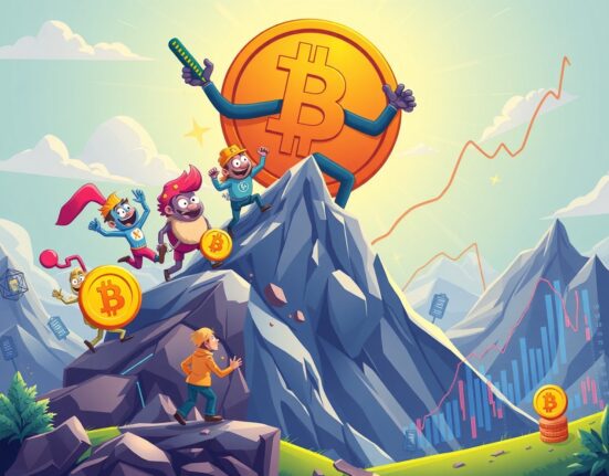 A vibrant cartoon illustration showing altcoins rising above Bitcoin on a market index, symbolizing the increasing Altcoin Season Index.