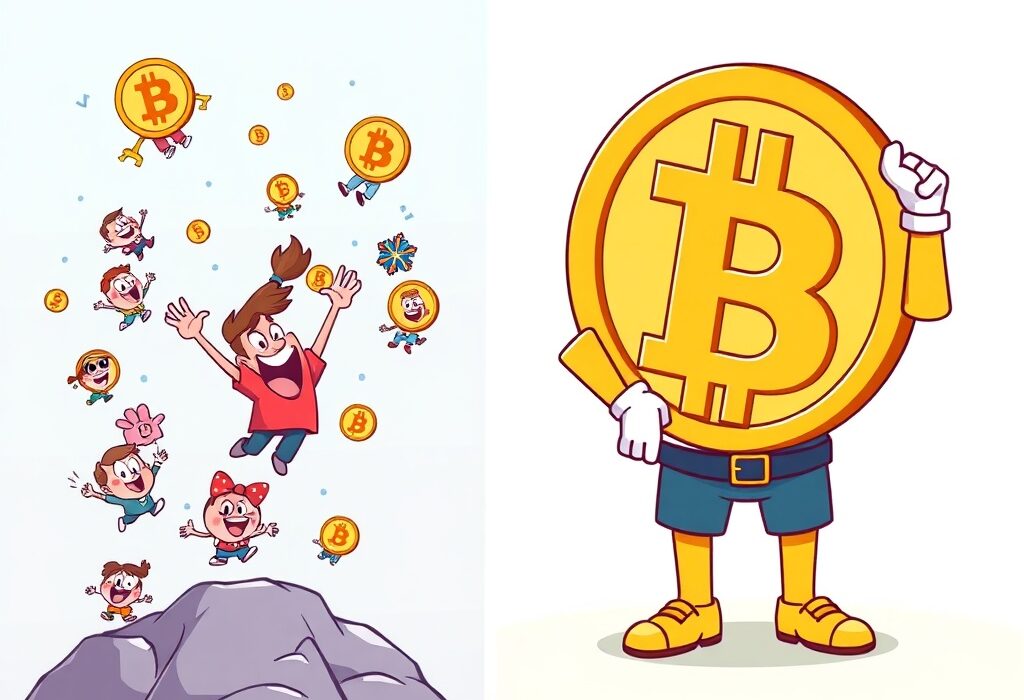 A vibrant cartoon illustration showing a dominant Bitcoin figure overseeing smaller altcoins, conveying the current Altcoin Season Index and crypto market trends.