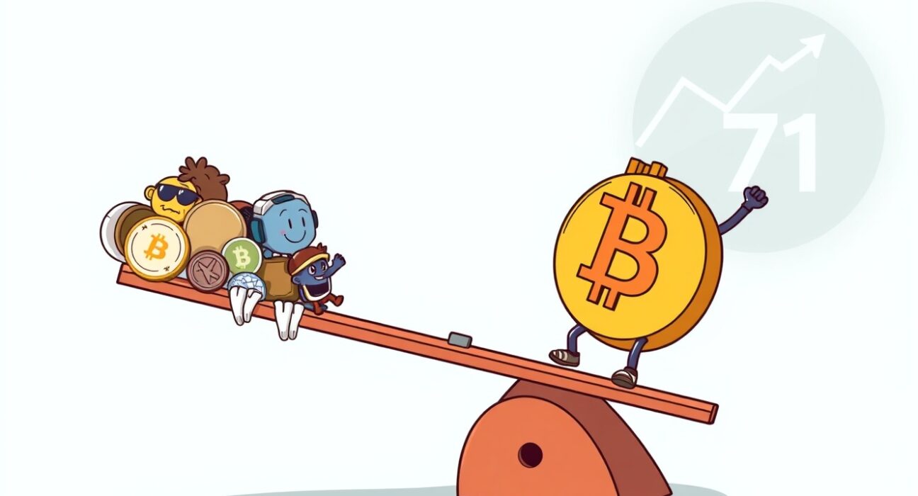 Cartoon illustration showing the Altcoin Season Index falling, indicating Bitcoin's recent strength over altcoins.