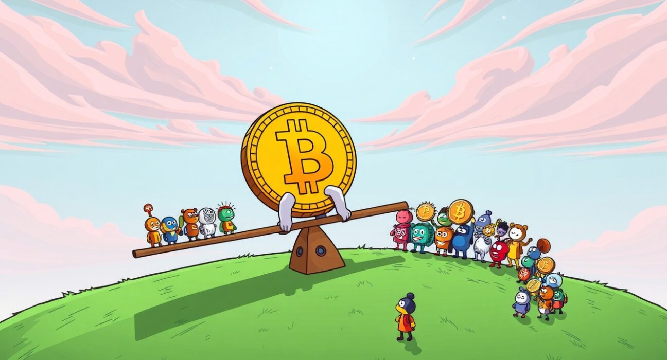 A cartoon illustrating the dominant Altcoin Season Index where Bitcoin outweighs a crowd of altcoins.