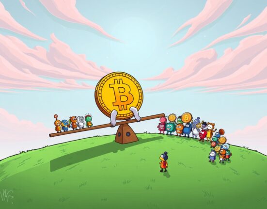 A cartoon illustrating the dominant Altcoin Season Index where Bitcoin outweighs a crowd of altcoins.
