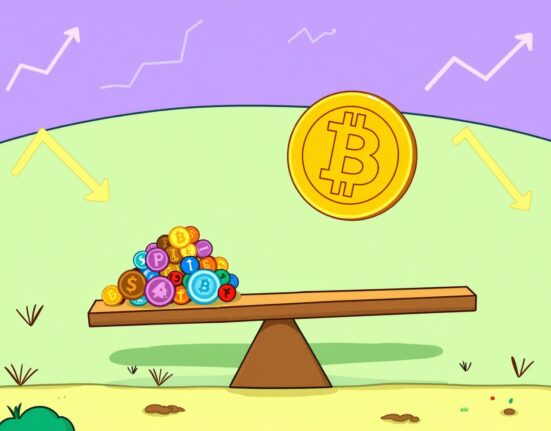 Cartoon illustration showing Bitcoin dominating the altcoin season index on a seesaw against smaller altcoins.