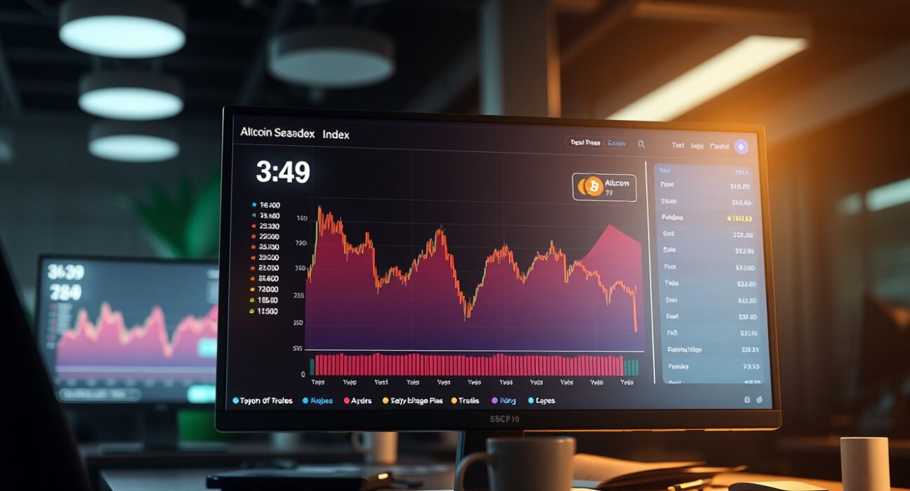 Financial dashboard showing Altcoin Season Index at 48 with a downward trend chart.
