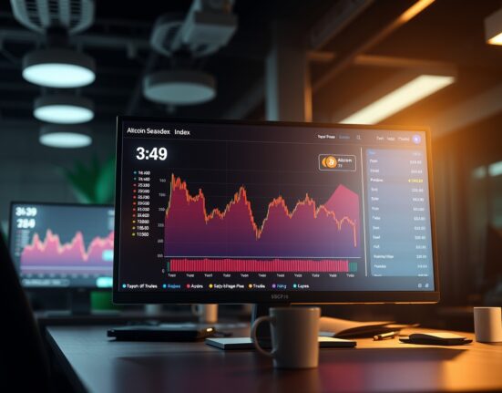 Financial dashboard showing Altcoin Season Index at 48 with a downward trend chart.