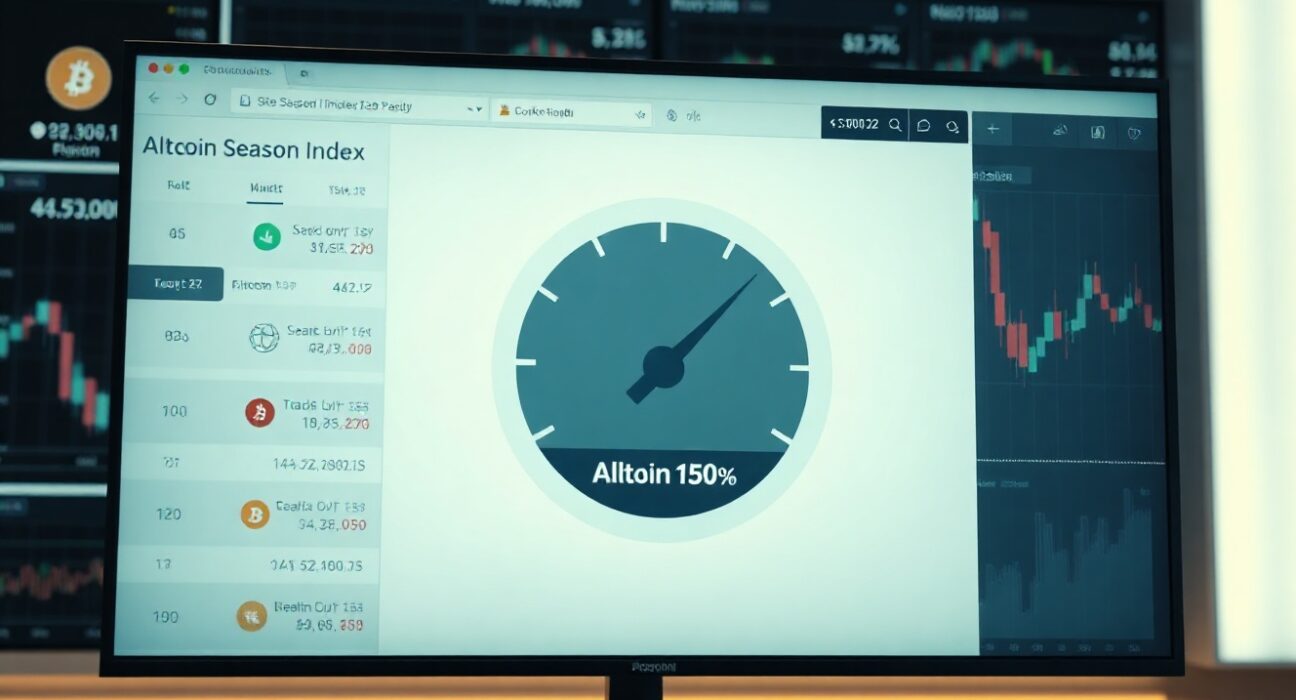 Digital gauge showing Altcoin Season Index at 52 on a trading dashboard