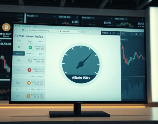 Digital gauge showing Altcoin Season Index at 52 on a trading dashboard