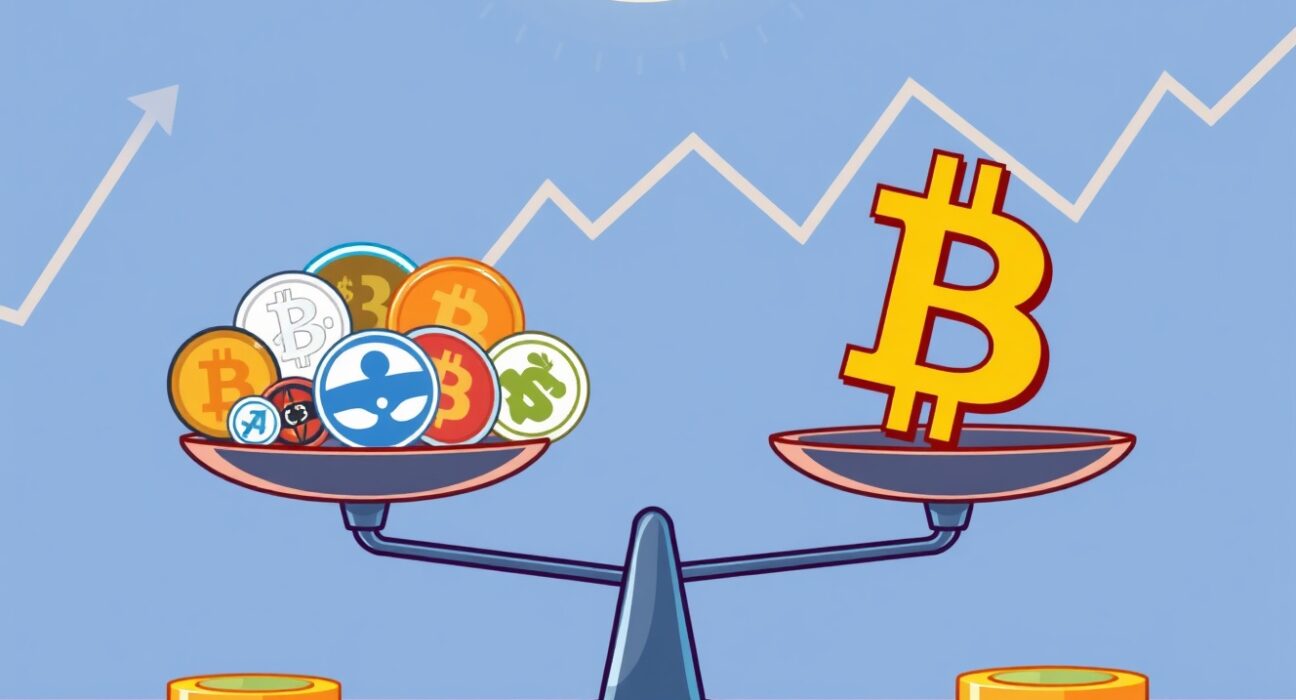 A cartoon illustration showing Bitcoin's current dominance over altcoins, reflecting the low Altcoin Season Index score.