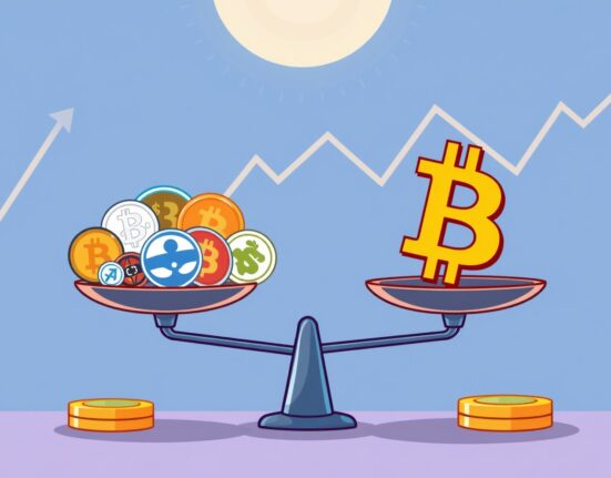 A cartoon illustration showing Bitcoin's current dominance over altcoins, reflecting the low Altcoin Season Index score.